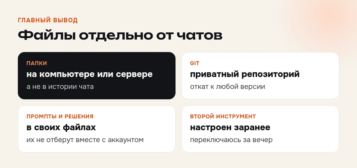 Схема: рабочие папки, Git, промпты в файлах и второй инструмент держат работу независимо от одного чата